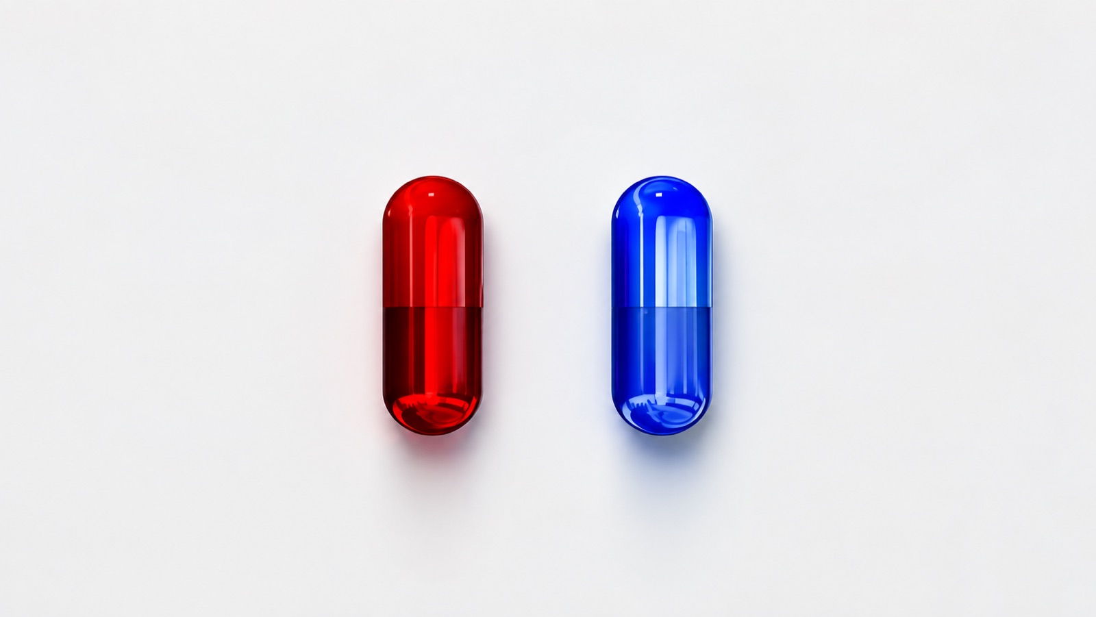 Red and blue glass capsules on a white background