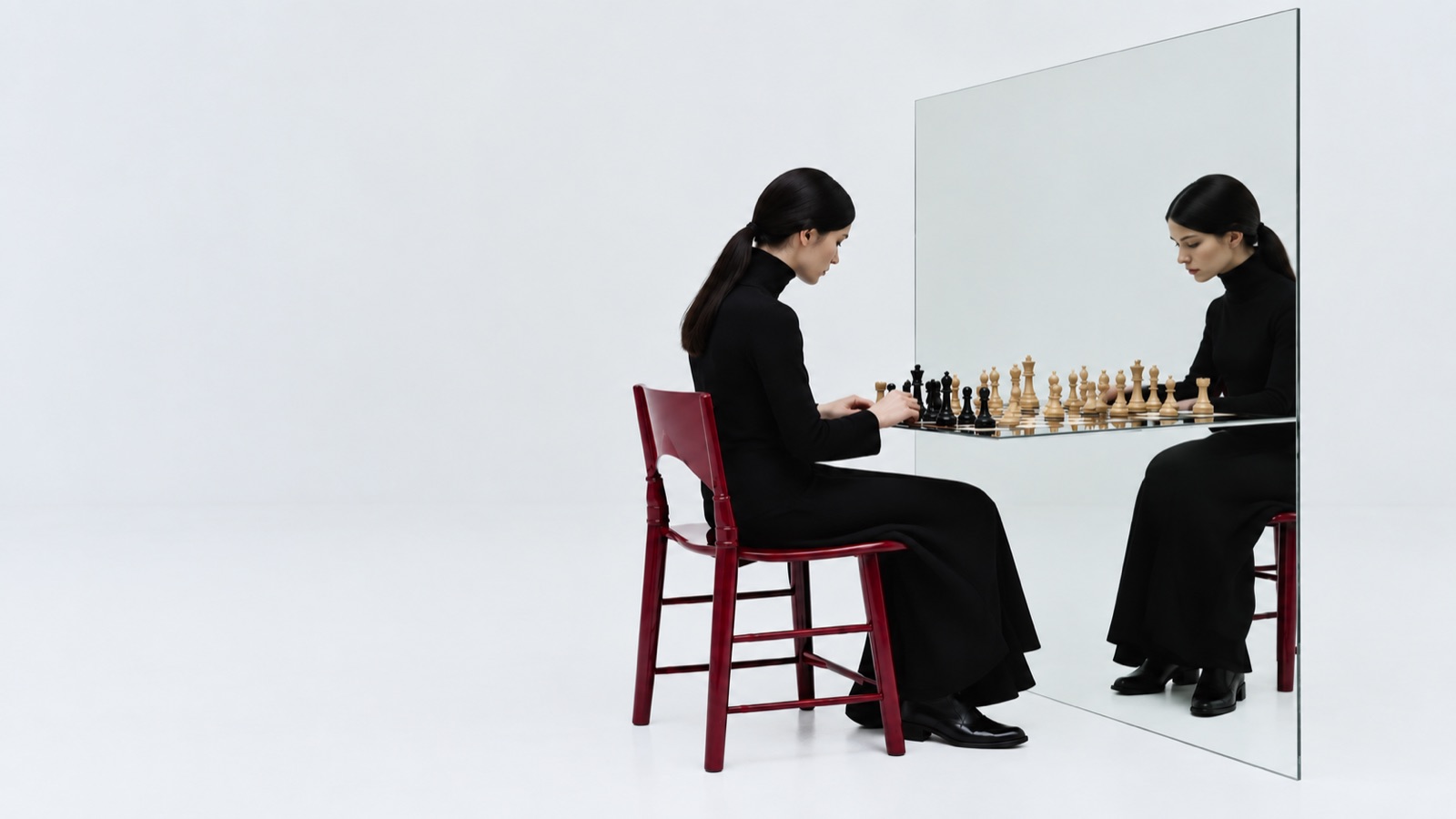 A woman playing chess against her reflection in a mirror