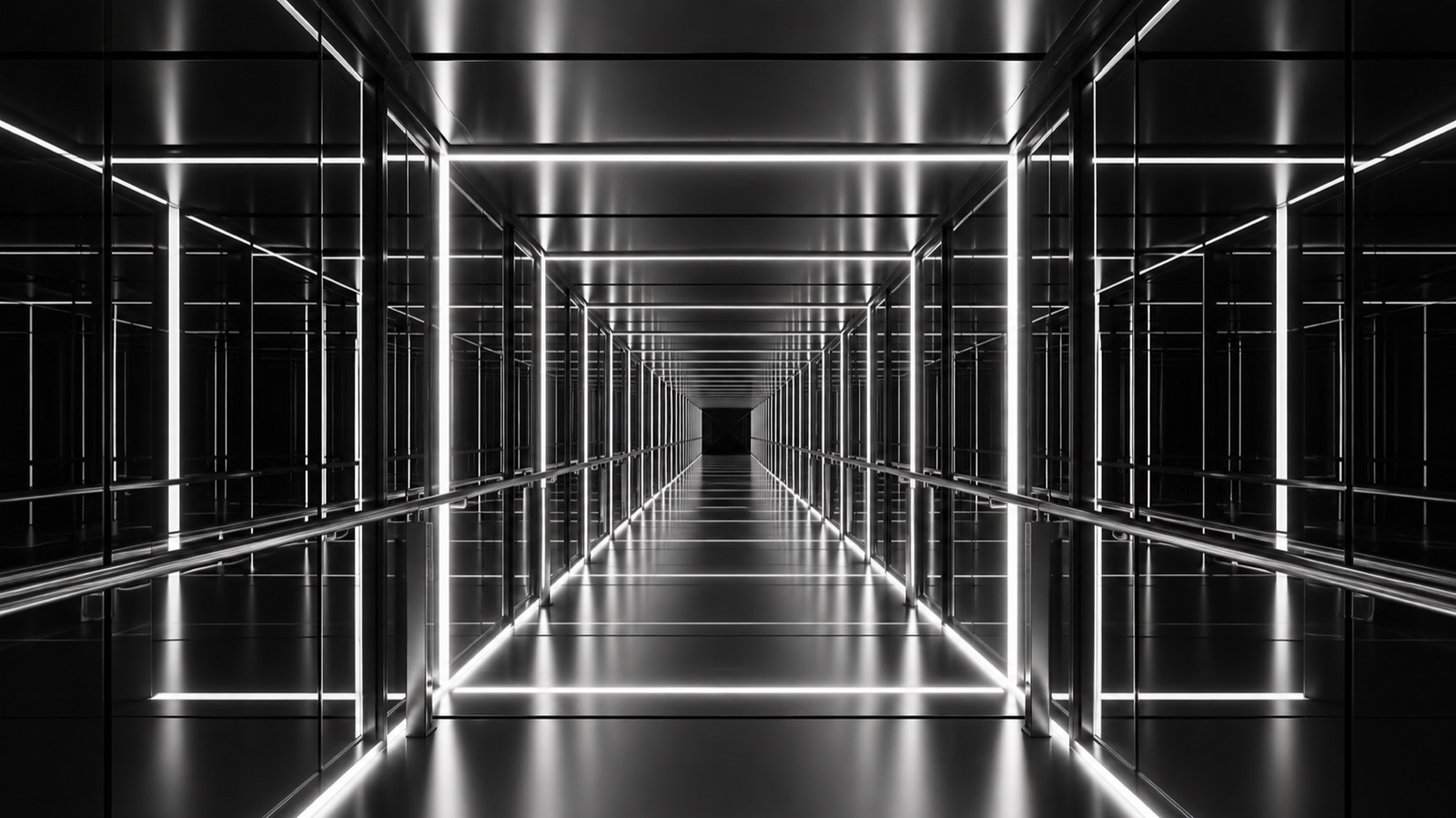An illuminated mirrored corridor