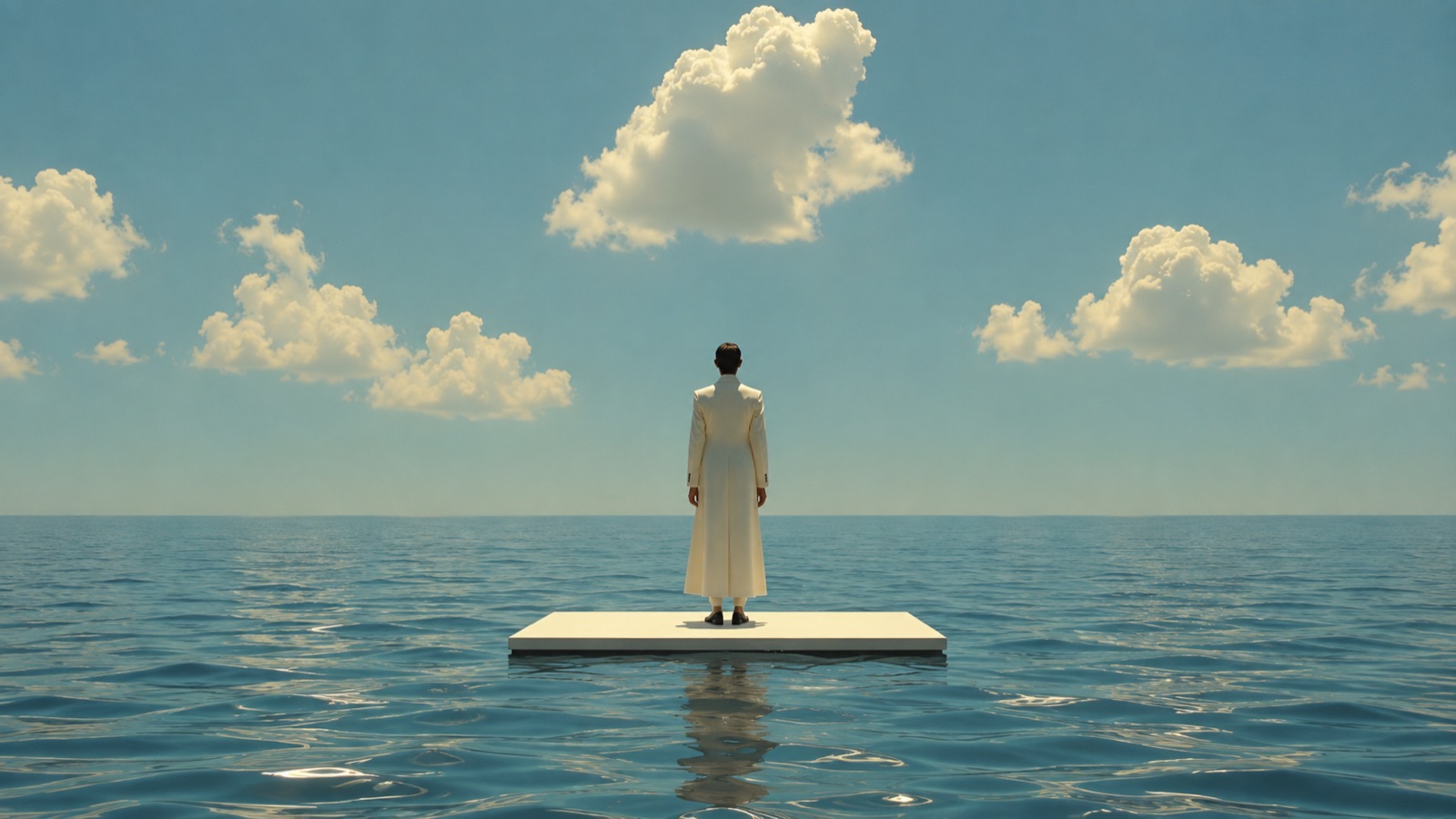 A figure on a floating platform looking toward the sea