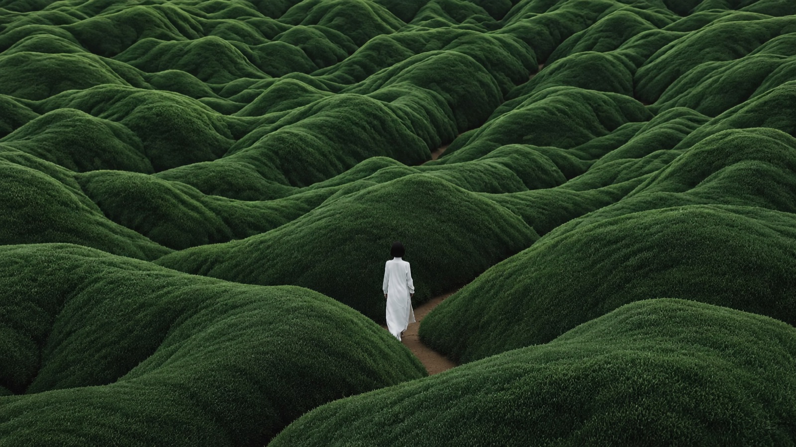 A figure following a path through a sculptural green landscape