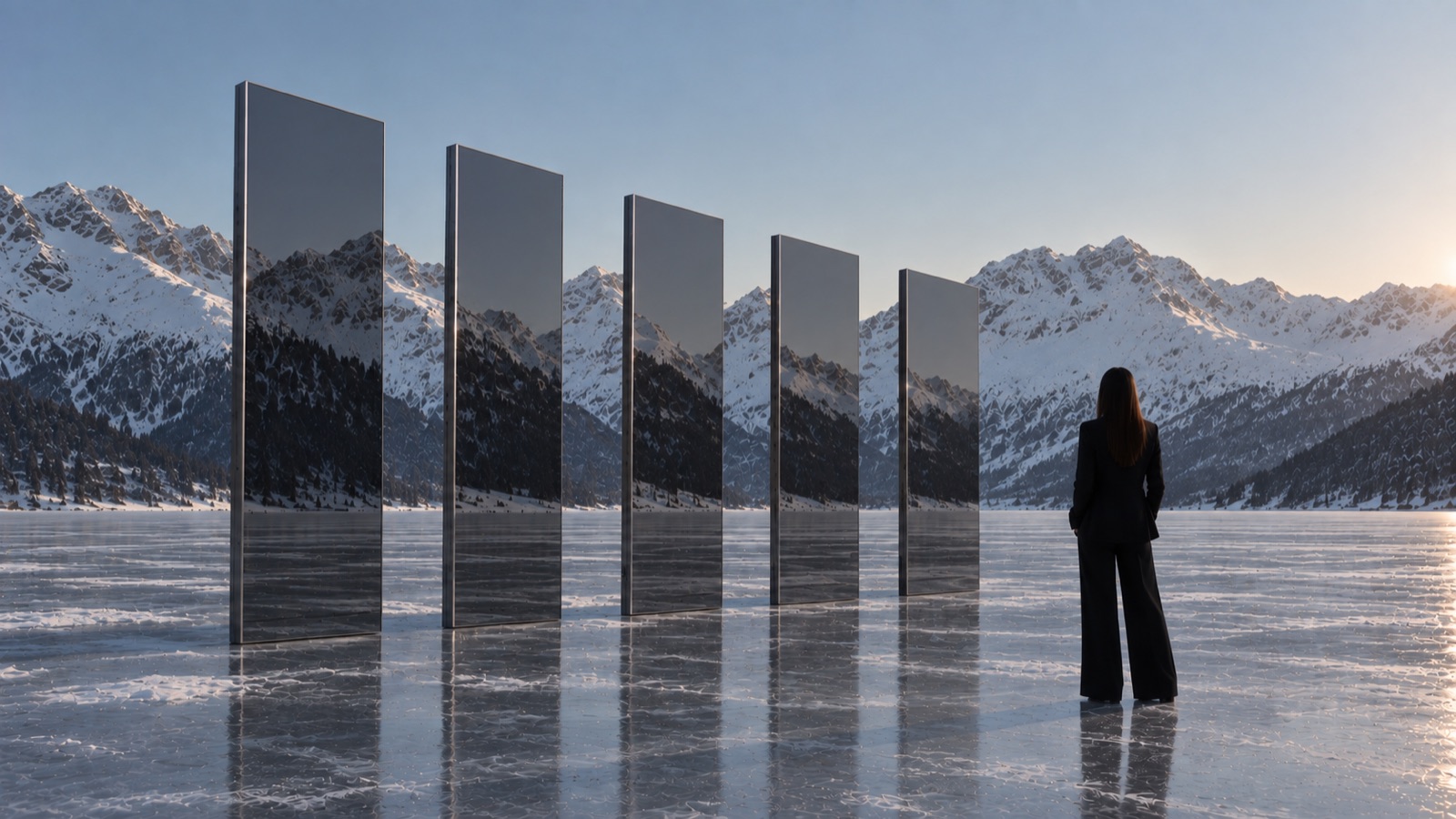 A woman facing mirrored panels on a frozen Alpine lake