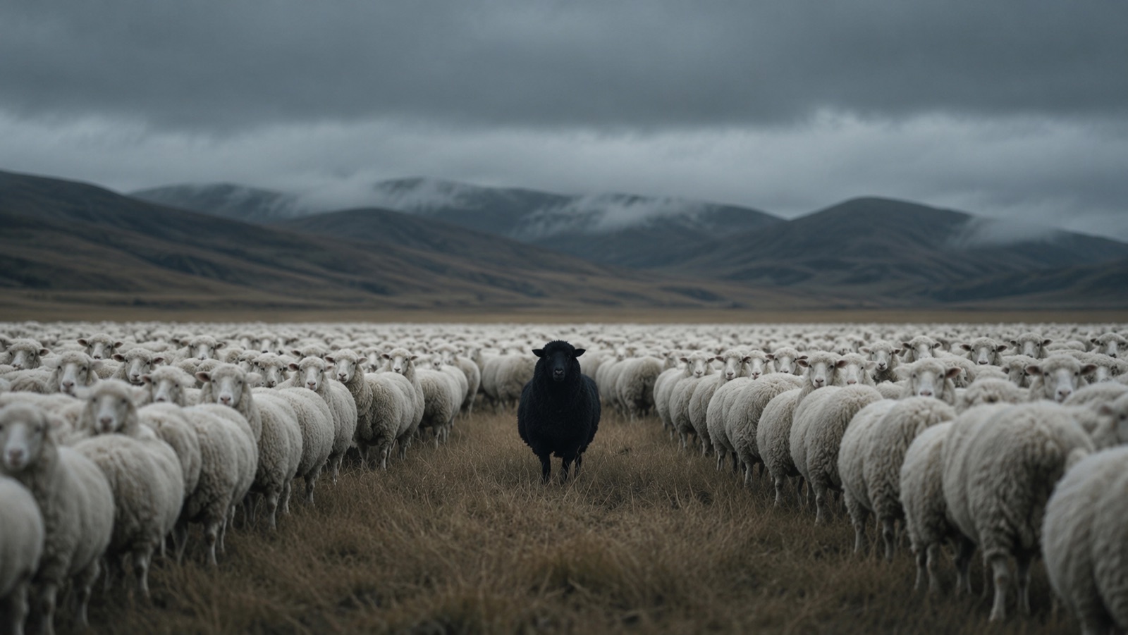 A black sheep standing among a flock of white sheep